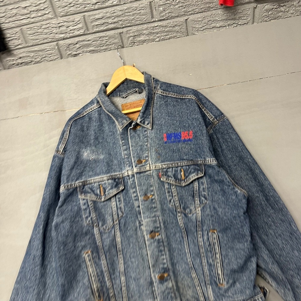 Levi‎ Strauss Co Denim Jacket Mens XL Blue Trucker Style WFMS 95.5 Radio